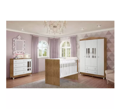 Quarto de Bebê Ariel VII Berço Guarda-Roupa Cômoda Branco e Marrom Infantil