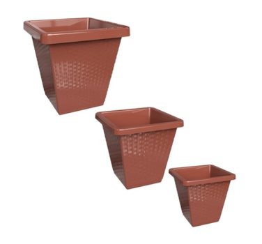 Conjunto 3 Vasos de Planta Quadrado Rattan Tamanhos Diferentes Pratic Plásticos (Marrom)