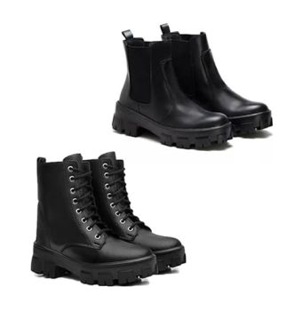 Kit 2 Botas Coturno Feminina Chelsea com Elástico na Lateral Tratorada Preto e Coturno de Cadarço Tratorada Preta.