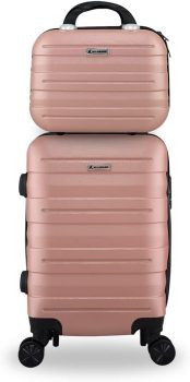 Kit Mala Bordo Com Frasqueira Bagagem de Mão ABS Rígido Rodinhas 360 (Rose)