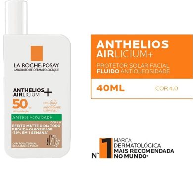 La Roche-Posay, Anthelios Airlicium, Protetor Solar Facial Antioleosidade com cor, Reduz e Controla a Oleosidade, FPS50, Textura Fluida Ultra Leve, 40g