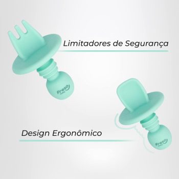 Kit Colher e Garfo Alimentação Bebê Freso Baby Silicone Livre BPA Atóxico Antibacteriano Introdução Alimentar Limitador de Segurança BLW, cor Verde