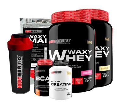 Kit 2x Waxy Whey 900g + BCAA 100g + Power Creatine 100g + Waxy Maize 800g + Coq – Bodybuilders Sabor: Morango e Baunilha