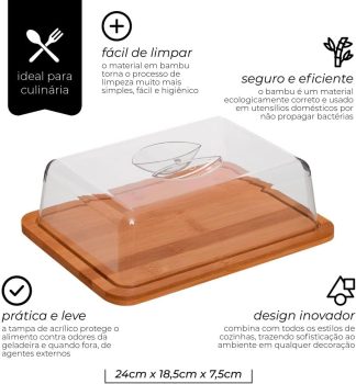 Mimo Style, Porta Frios de Bambu Com Tampa de Acrílico Para Alimentos Sensíveis Como Queijo Prato em Bambu, Versátil e Elegante