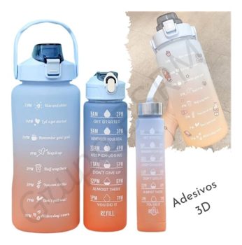Kit 3 Garrafa De Água Squeeze Galão 2l Litros Motivacional Academia Colorida Antivazamento 3D Tie Dye Frases Português