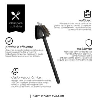 Mimo Style Escova Para Limpar Grelha e Churrasqueira Com Cabo. Feita Em Plástico e Suas Cerdas de Aço Inoxidável, Eficaz Na Remoção de Gordura e Sujeiras de Sua Churrasqueira