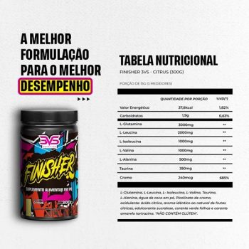 Finisher Amino Energy Drink – 3VS Nutrition – BCAA, L-Glutamina, Picolinato de Cromo, Taurina, L-Alanina, Água de coco – Intra e pós treino – (Sabor Citrus)