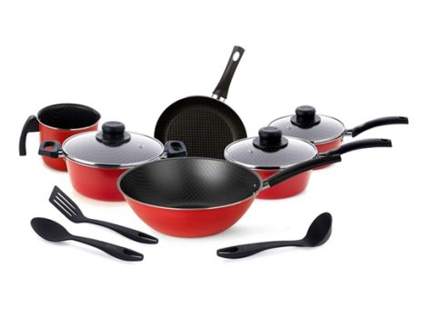 Jogo de Panelas Antiaderente 9 peças com Frigideira Wok e utensílios vermelho Mutiflon