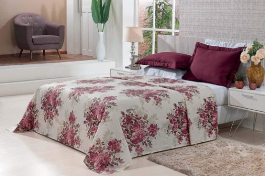 Cobre Leito Colcha Plazza Casal Padrão Tecido Estampado 03 Peças Vinho
