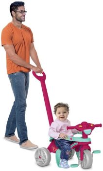 Bandeirante Mototico Passeio & Pedal Triciclo, Rosa/Verde, 76 x 50.5 x 91 cm