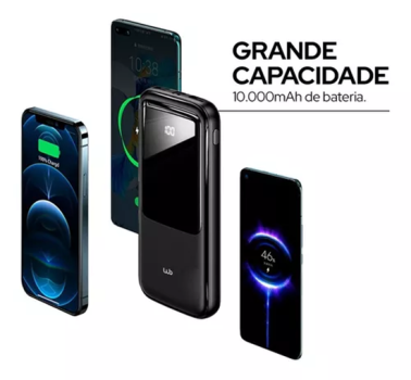 Carregador Portátil Power Bank Wb Magni 10000 Mah Usb-A 2 Entradas, Led Indicativo De Bateria, Compacto, Material Antiderrapante, Saída De 10w Preto