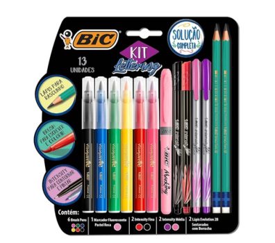Kit Lettering BIC, c/ 6 Brush Pens + 1 Pincel Marcador Pastel Rosa + 2 Intensity Ponta Fina + 2 Intensiy Ponta Média + 2 Lápis Pretos, 971080, Multicor