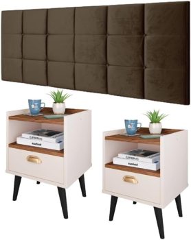 Kit Quarto Casal Completo 2 Mesinhas Gaveta Puxador Concha Cabeceira Box King Size Almofadada 1.95