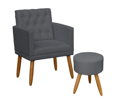 Poltrona Decorativa com Puff resistente moderno para sala de estar Recepção (Cinza)