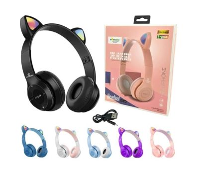 Fone De Ouvido Bluetooth Gatinho Infantil LED (Rosa)