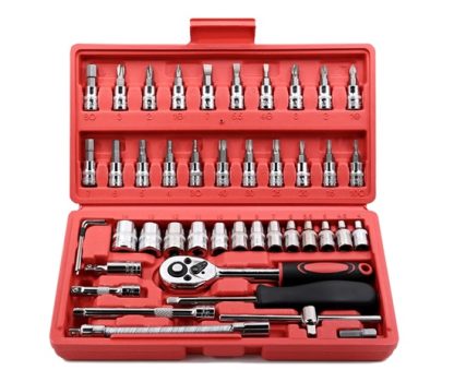 Conjunto com 46 chaves catraca Egofine, soquete de 6,35 mm, com conjunto de soquete métrico e haste de extensão para reparo de automóveis e uso doméstico, com estojo de armazenamento