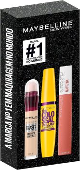 Kit Queridinhos Maybelline NY Batom Líquido Matte ink 65 Seductress + Máscara de Cílios Colossal Lavável + Corretivo Eraser 100 Ivory