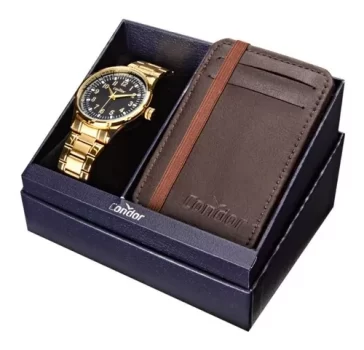 Kit Relógio Masculino Militar Dourado + Brinde Condor Cor do fundo Preto