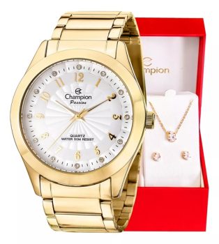 Relógio Champion Feminino Cn29409d + Colar E Brincos