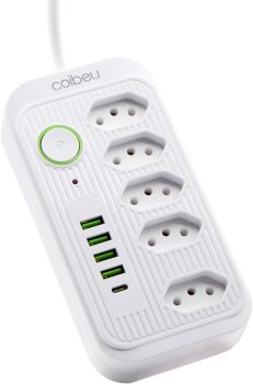 Extensão Tomada, Régua Tomada, Régua de Energia, 5 Tomadas, 4 Interfaces USB, 1 Porta USB Tipo-C, Cabo de Alimentação de 1,9 metros, Suporte a Tensão de 110-220V, Potência de 2500W (Branco)