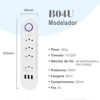 Extensão Tomada, Régua Tomada, 4 Tomadas, 3 Interfaces USB, Cabo de Alimentação de 2 Metros, Suporte a Tensão de 110-220V, Potência de 2500W
