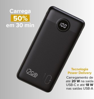 Carregador Portátil (Power Bank) Ultra Rápido 10000mAh Power Delivery 20W 2 Saídas USB + 1 Saída/Entrada USB-C Preto I2GO – I2GO PRO