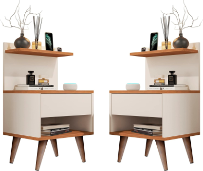 KIT 2 Mesas De Cabeceira Modelo Sleep Com Gaveta Pés Pinus Amadeirado (OffWhite-Nature)