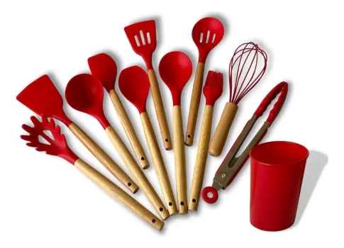 Kit C/12 Utensílios De Cozinha Silicone Cabo Madeira