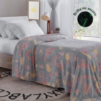 Cobertor Manta Infantil Solteiro Fleece Brilha no Escuro Fluorescente Mágica (Carrinhos)