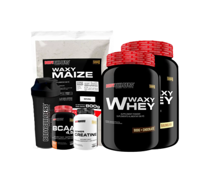 KIT 2x Whey Protein Waxy Whey 900g + BCAA 4,5 100g + POWER Creatina 100g + Waxy Maize 800g + Coqueteleira – Bodybuilders