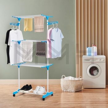 Varal De Chão 3 Andares Dobrável Retrátil Aço 4 Rodas Azul MM House