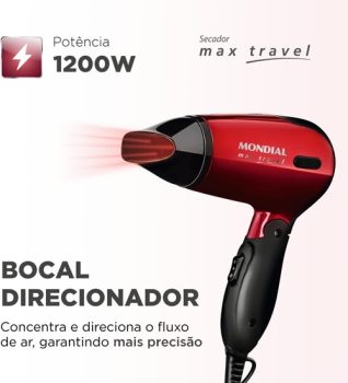 Secador Mondial, Max Travel, Bivolt, Preto/Vermelho, 1200W – SC-10