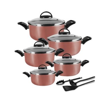 Jogo de Caçarolas 05 Peças Rosé com Tampa de Vidro e Utensílios
