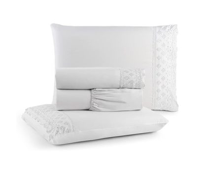 Jogo de Lençol Casal 4 Peças Napoli Percal 300 Fios Lese Bordado Inglês (Branco)