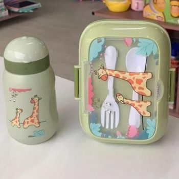 Conjunto Lancheira Marmita Infantil com Divisoria Completa Com Colher Garfo Garrafa 450ml Bico de Silicone Premium (Verde)