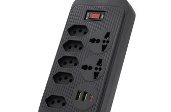 Filtro de Linha, Extensão Tomada, Régua Tomada, Régua de Energia, 5 Tomadas, 2 Interfaces USB, 1 Porta USB Tipo-C, 2 Tomada Universal, Cabo de Alimentação de 1,9 metros (Preto)