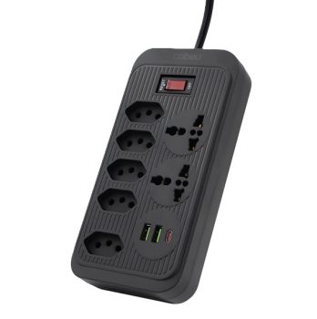 Filtro de Linha, Extensão Tomada, Régua Tomada, Régua de Energia, 5 Tomadas, 2 Interfaces USB, 1 Porta USB Tipo-C, 2 Tomada Universal, Cabo de Alimentação de 1,9 metros (Preto)