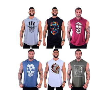 Kit 6 Regatas Machão Com Touca Longline Masculina MXD Conceito Cores Lisas Academia Treino Musculação Casual Camisetas