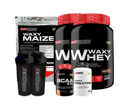 Kit 2x Waxy Whey 900g + Waxy Maize 800g + Power Creatina 100g + BCAA 4,5 100g + 2x Coqueteleira – Bodybuilders Sabor Chocolate