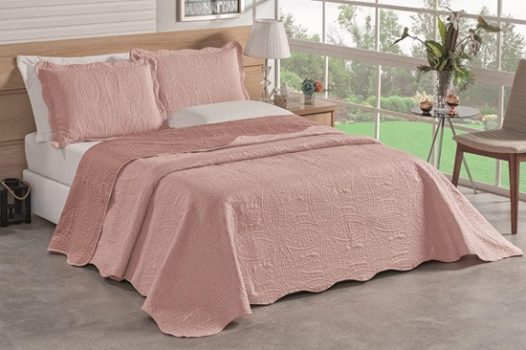 Colcha Bouti Cobre Leito Tecido Liso Dupla Face Casal Queen 03 Peças Rose
