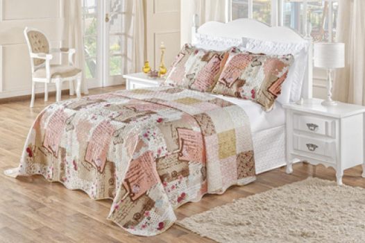 Colcha Bouti Cobre Leito Casal Padrão Dupla Face Estampado 03 Peças Patchwork Rose