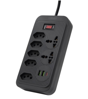 Filtro de Linha, Extensão Tomada, Régua Tomada, Régua de Energia, 5 Tomadas, 2 Interfaces USB, 1 Porta USB Tipo-C, 2 Tomada Universal, Cabo de Alimentação de 1,9 metros (Preto)