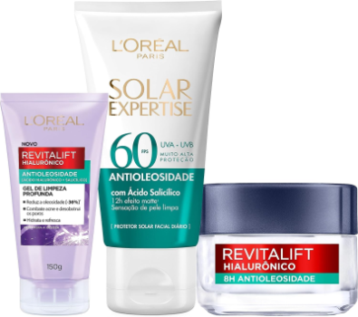 Kit L’Oréal Paris Antioleosidade: Gel Creme Hidratante Revitalif Hialurônico 49g + Gel de Limpeza Hialurônico 150g + Protetor Solar Facial Expertise Fps60 40g