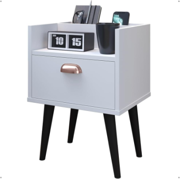 Mesa de Cabeceira Compacta Retrô com Suporte para Celular Milena Gaveta e Puxador Concha (Branco)
