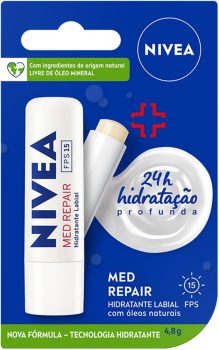 NIVEA Protetor Labial Med Repair FPS15 4,8g – Hidrata e regenera os lábios ressecados e machucados, com Vitamina E e óleos naturais, proporciona reparação intensiva e alívio imediato