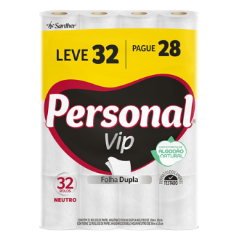 Personal Papel Higiênico VIP Folha Dupla Leve 32 Pague 28 rolos de 30M