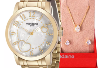 Relogio Feminino Mondaine Dourado Madre-perola + Kit Cor do fundo Branco