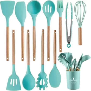 Jogo Kit Com 12 Peças Utensílios De Cozinha Colheres Espatulas Pegador Silicone Copo Suporte – Prime
