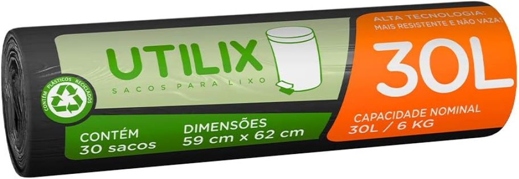 Utilix 510024312 – Saco para lixo, 30 litros, Preto, Rolo com 30 sacos