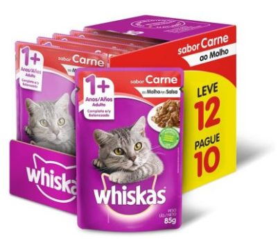 whiskas Ração Úmida Whiskas Sachê Carne Ao Molho Para Gatos Adultos – Leve 12 Pague 10